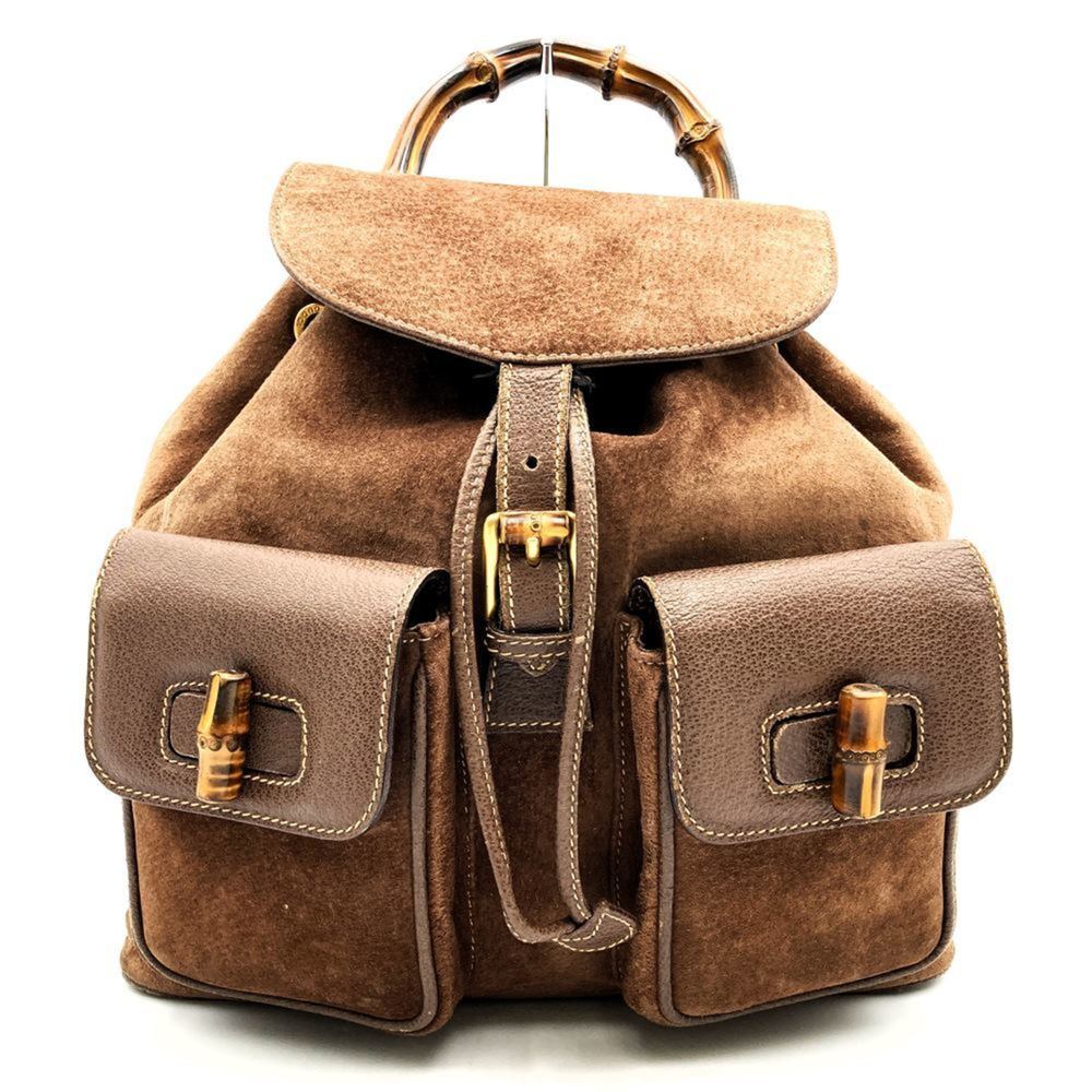 Gucci Brown Suede and Leather Backpack with Bamboo Handle